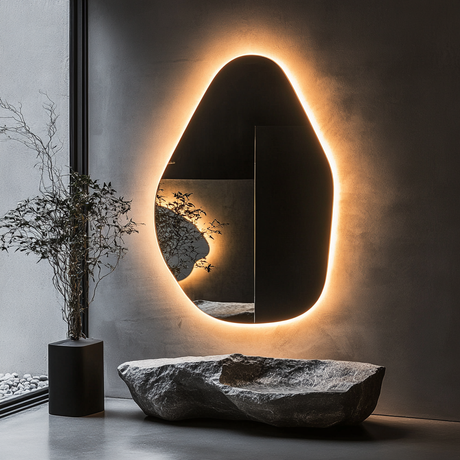 Large LED mirror with unique shape and modern lighting features.