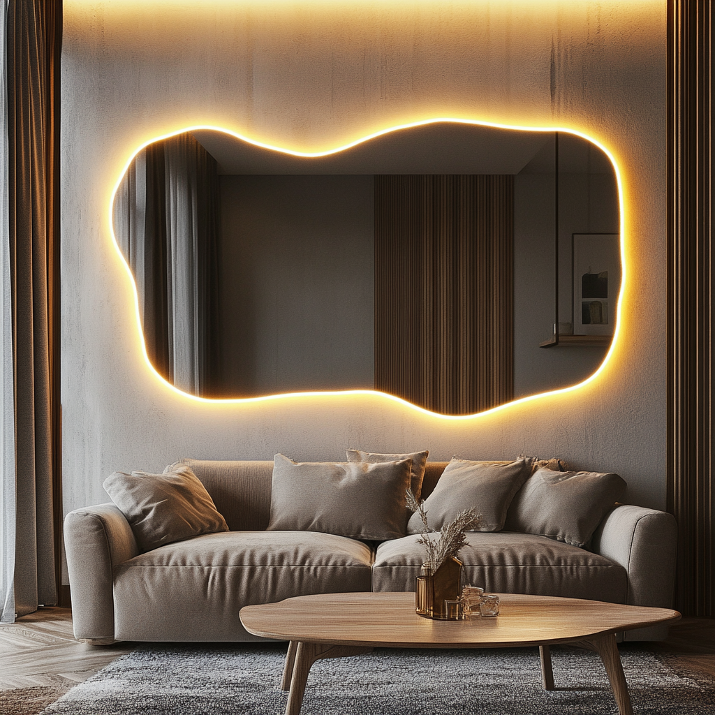 Elegant LED mirror with minimalist frame and bright, even lighting.

