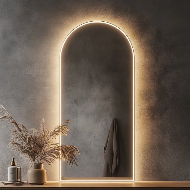 Bold LED mirror with abstract shape and modern lighting features