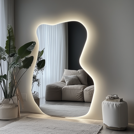 Bold LED mirror with abstract shape and modern lighting features.