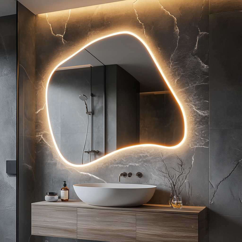 Large LED mirror with unique shape and modern lighting features